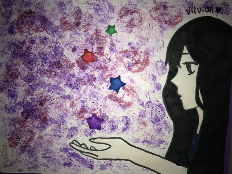 Drawing of a Japanese-American girl with long black hair over a pink and purple swirled background. She has her hand held out which is catching origami stars.