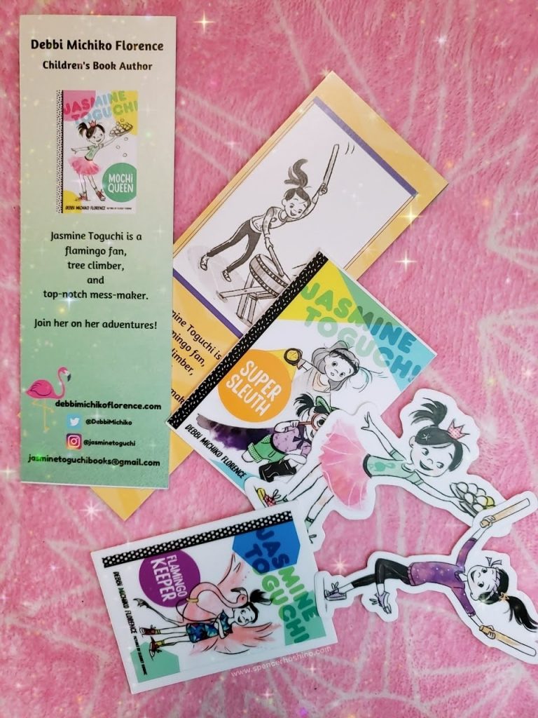Picture of bookmarks and stickers of book character Jasmine Toguchi