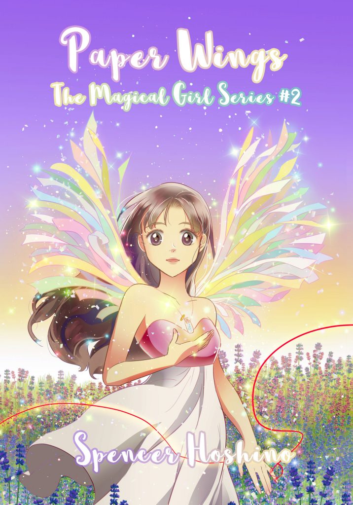 Front cover of Paper Wings by Spencer Hoshino. Features a cartoon girl with paper wings in a lavender field.